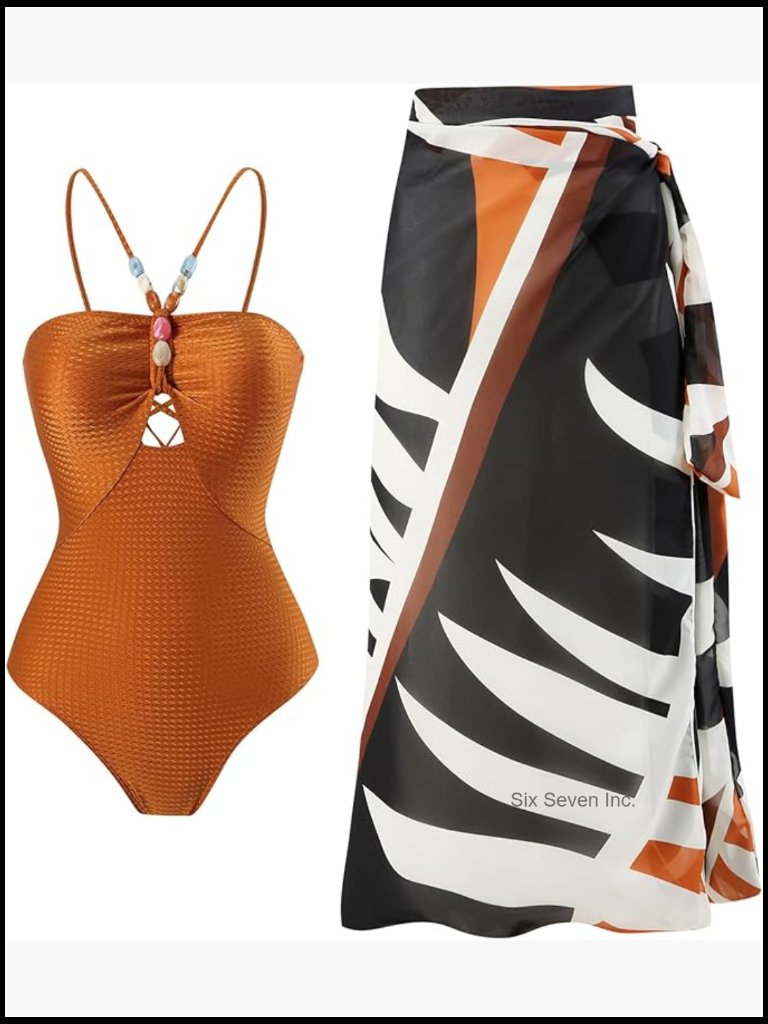 One Piece Swimsuit With Wrap Skirt Sarong Beach Cover Up